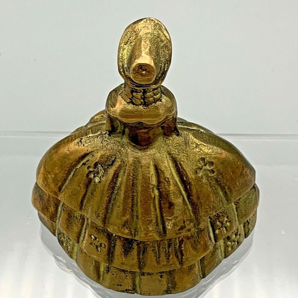 Vintage Brass Bell Southern Belle Lady Holding Basket of Flowers Crinoline Dress - Picture 6 of 9